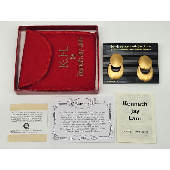 KENNETH JAY LANE Signed KJL Brushed Gold Tone Drop Dangle Clip On Earrings - Picture 1 of 6